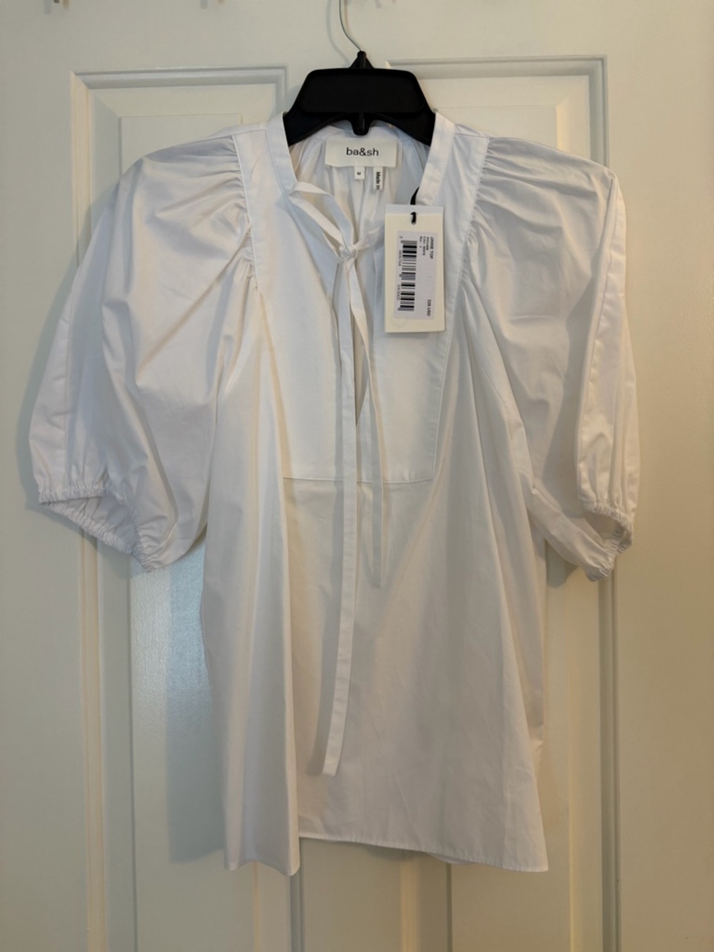 ba&sh White Puff-Sleeve Tie-Neck Top